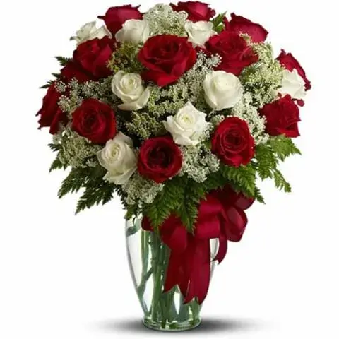 Order 30 red and white roses bouquet from Athens flower shop for same day delivery.