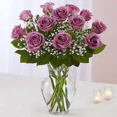 Elegant bouquet with 12 lilac lavender roses for women's celebration delivery Athens free shipping.