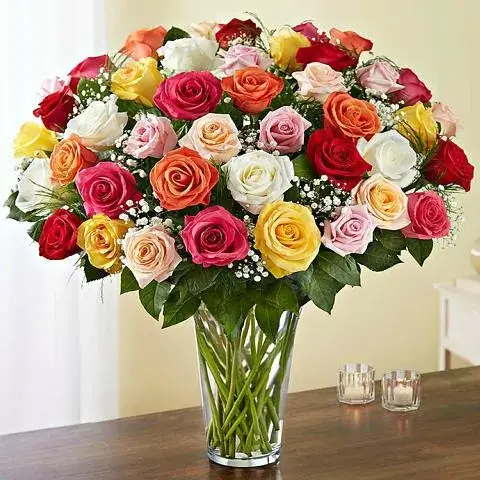 Order 50 multicolor premium roses bouquet for same day delivery from Athens florist.
