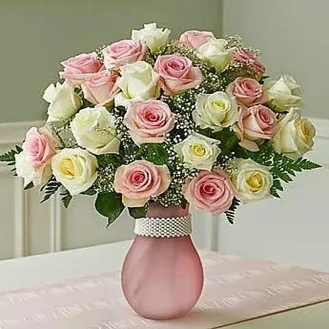 Sweet bouquet with 20 white and pink roses for celebration delivery Athens free shipping.