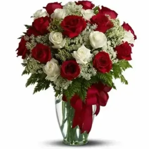 Order 30 red and white roses bouquet from Athens flower shop for same day delivery.