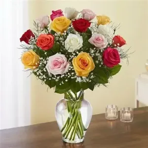 Colorful bouquet with 15 mixed roses for flower delivery Athens free shipping.